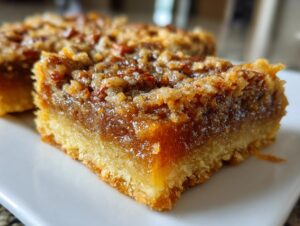 A close-up, macro shot of a freshly cut piece of amazing pecan pie bars showing the thick, gooey filling and pecan topping over a shortbread crust.