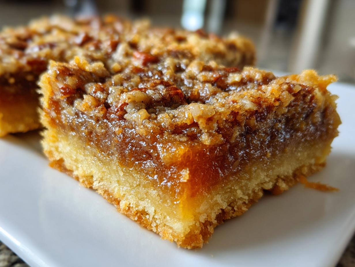 A close-up, macro shot of a freshly cut piece of amazing pecan pie bars showing the thick, gooey filling and pecan topping over a shortbread crust.