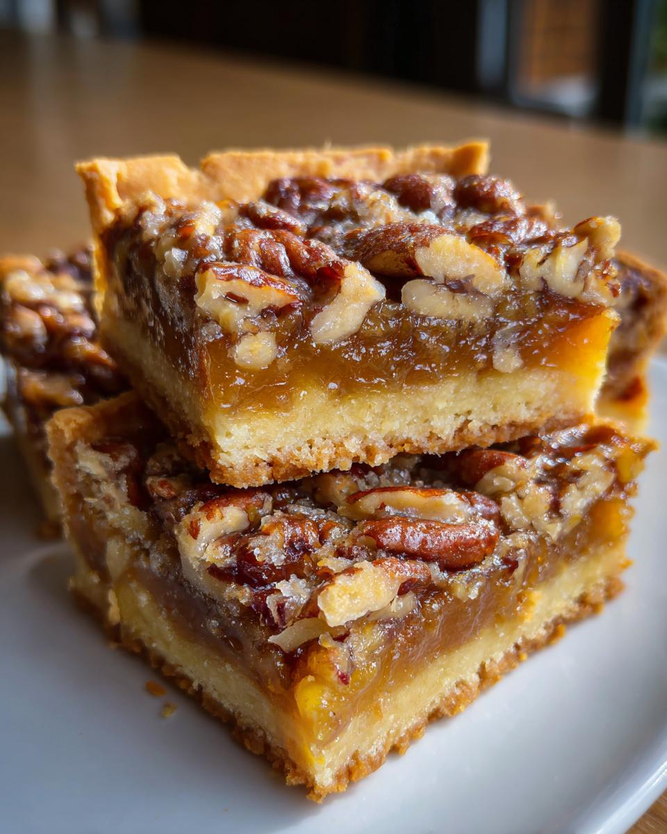 Two stacked, square pecan pie bars showing a thick shortbread crust and a gooey caramel pecan topping.