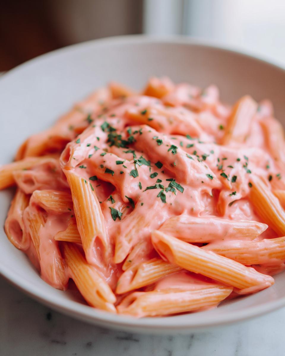 A close-up of penne pasta coated in a vibrant pink sauce, garnished with chopped parsley, representing amazing pink sauce pasta.