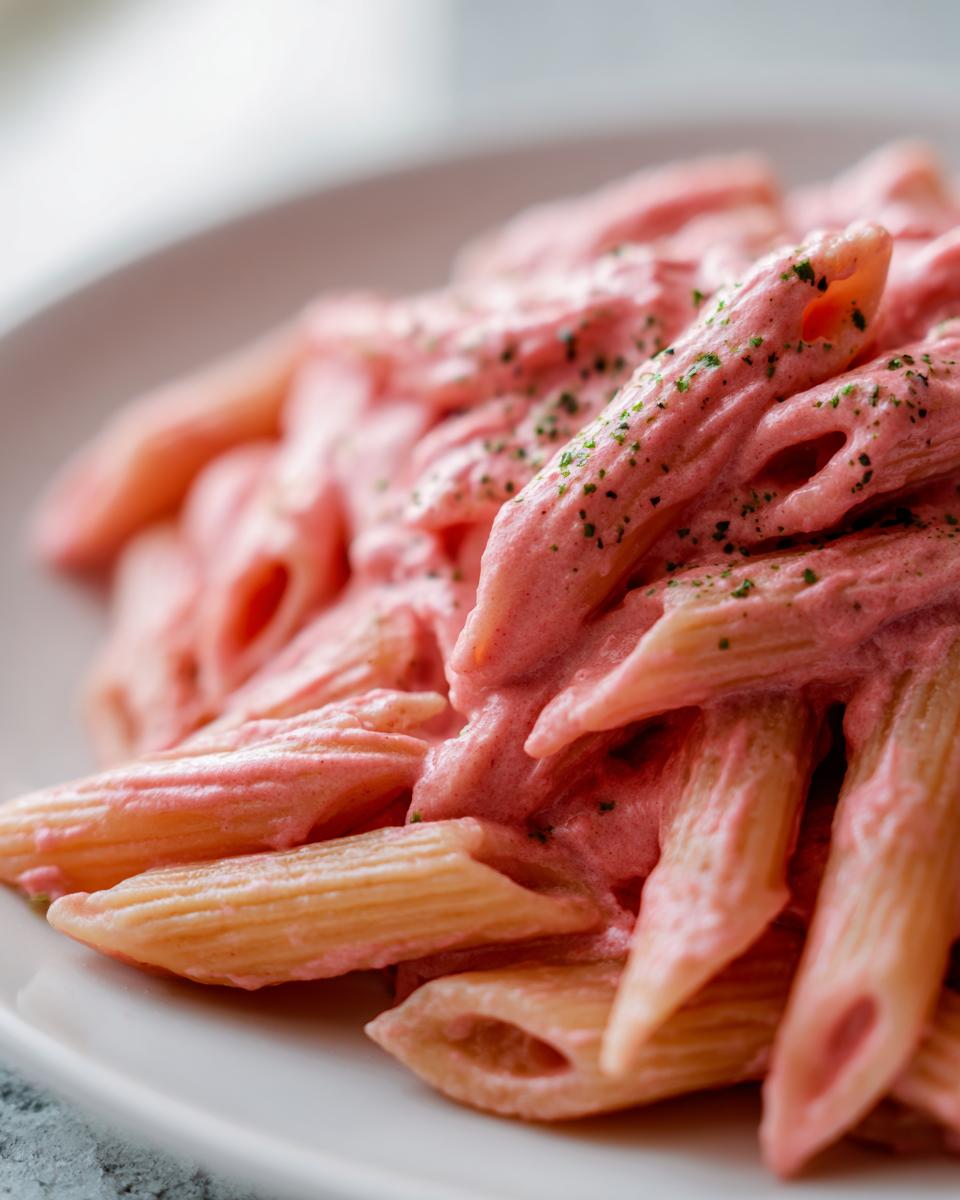 Close-up shot of penne pasta coated in a vibrant, creamy pink sauce, garnished with herbs, showcasing the amazing pink sauce pasta.