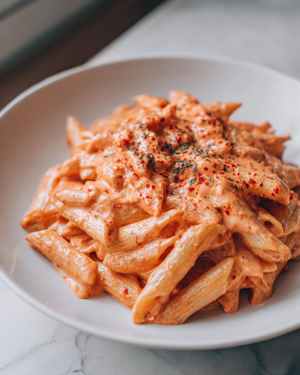 Close-up of penne pasta coated in a rich, creamy pink sauce pasta, garnished with red pepper flakes and herbs.