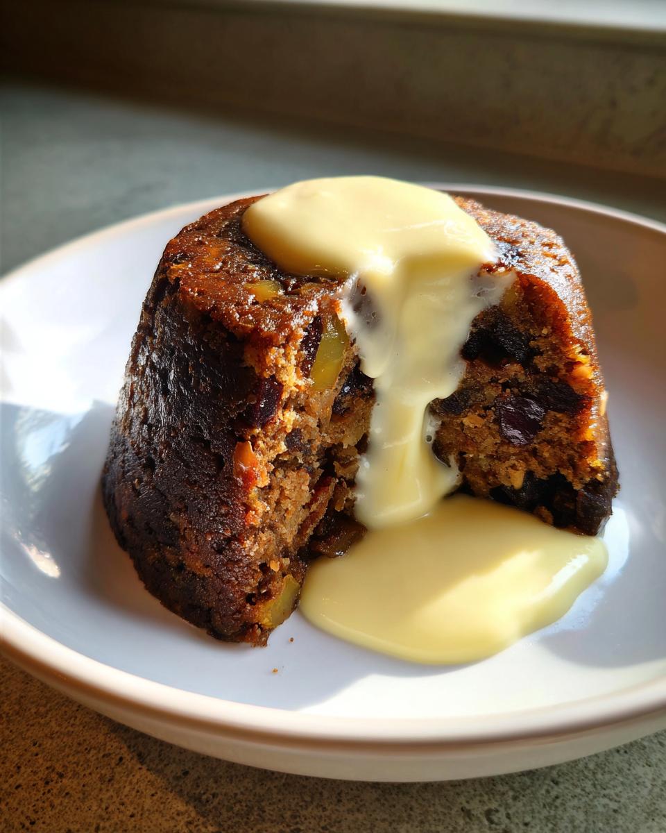 A rich, dark plum pudding cut open and topped with thick, creamy custard sauce.