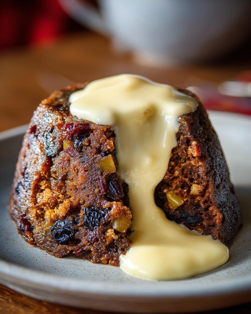 A close-up of a rich, dark plum pudding topped with thick, flowing vanilla custard.