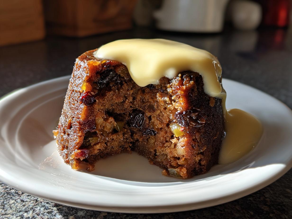 A close-up of a rich, dark plum pudding with a bite taken out, generously topped with flowing vanilla custard.