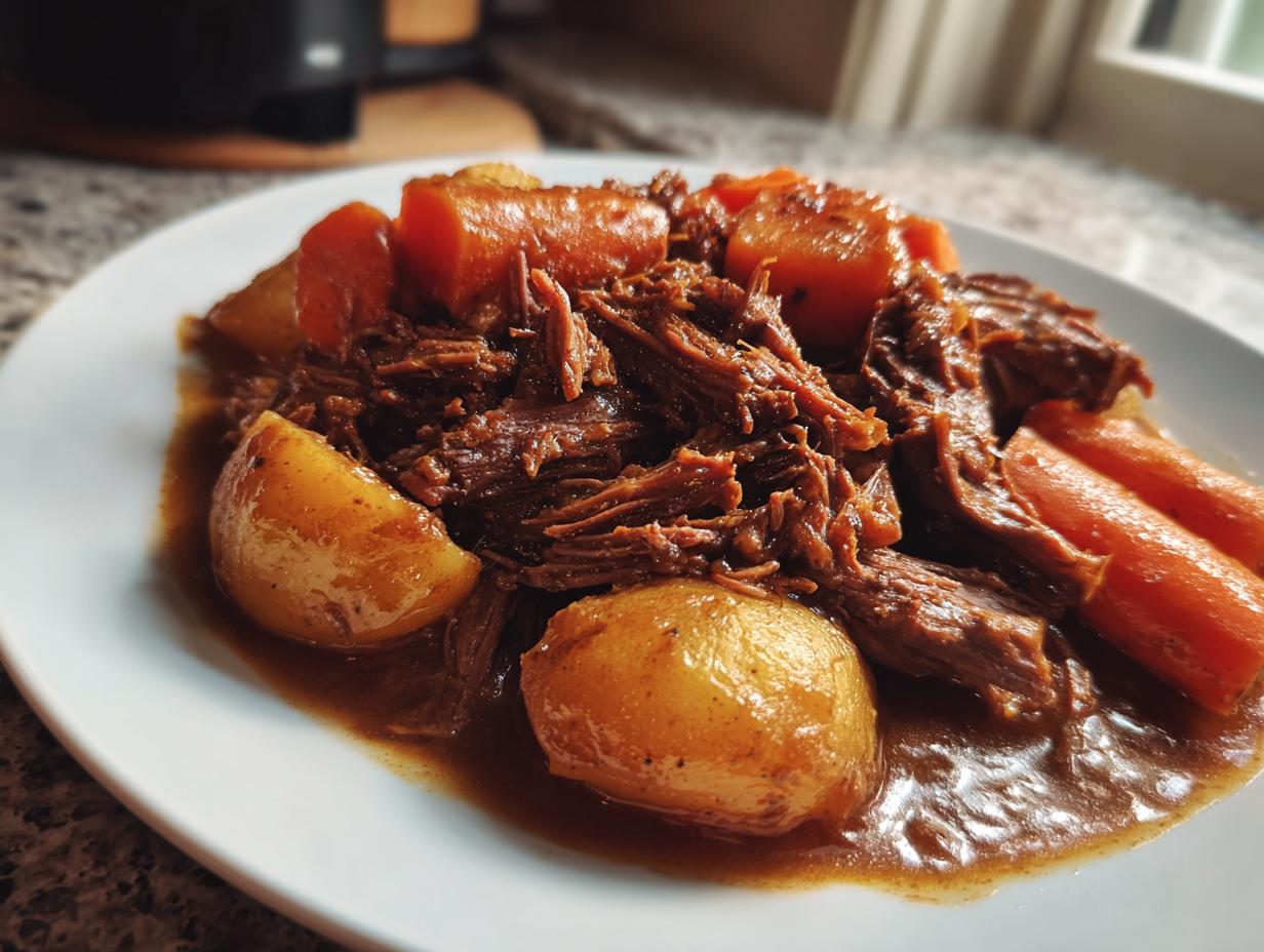 Close-up of tender, shredded pot roast served with soft potatoes and carrots in rich gravy.
