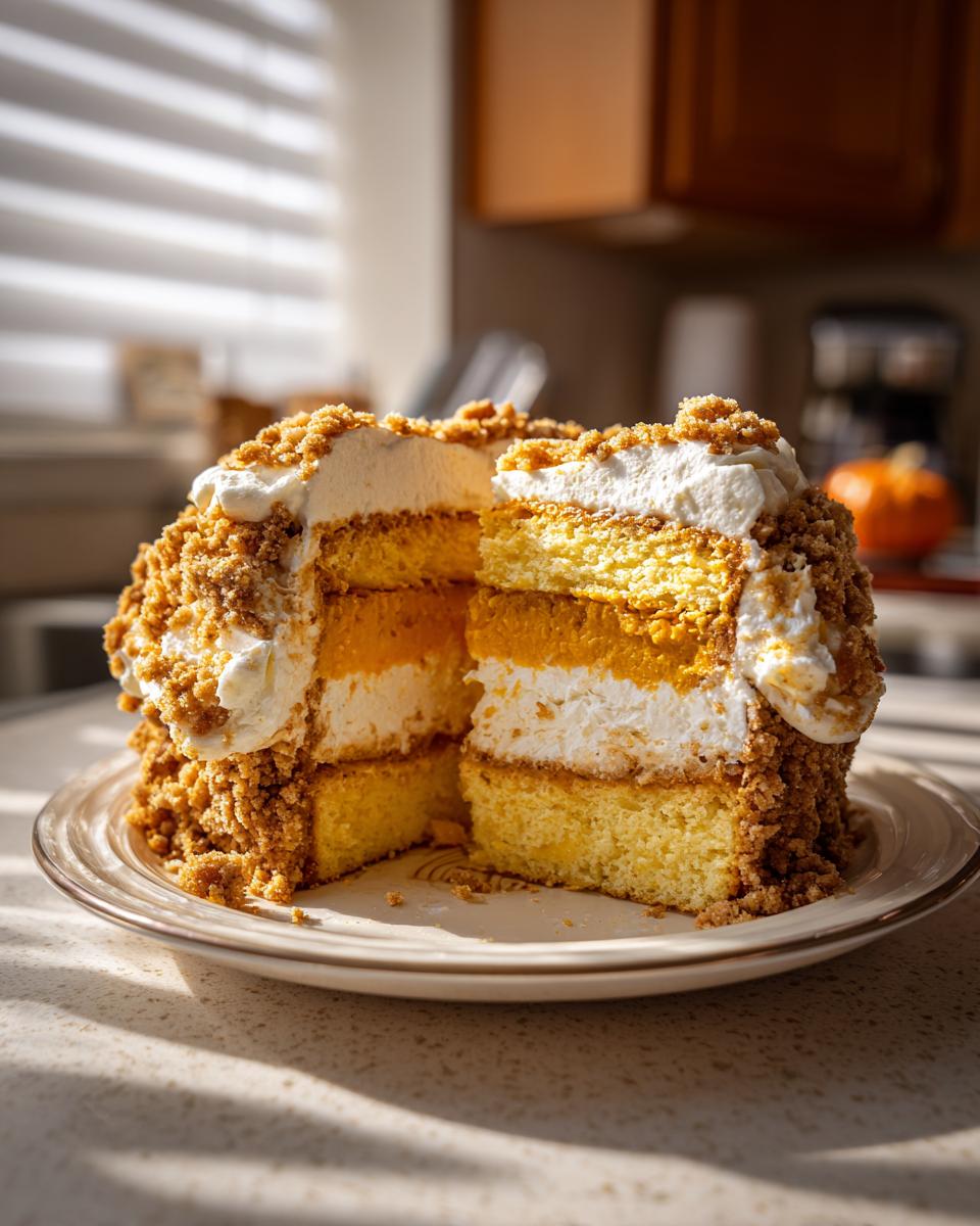 A tall, layered dessert showing a cross-section of cake, pumpkin filling, cream, and a crunchy topping, resembling pumpkin crunch.