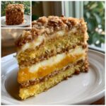 Close-up of a layered slice of pumpkin crunch cake showing cake, cream filling, and orange pumpkin layer.