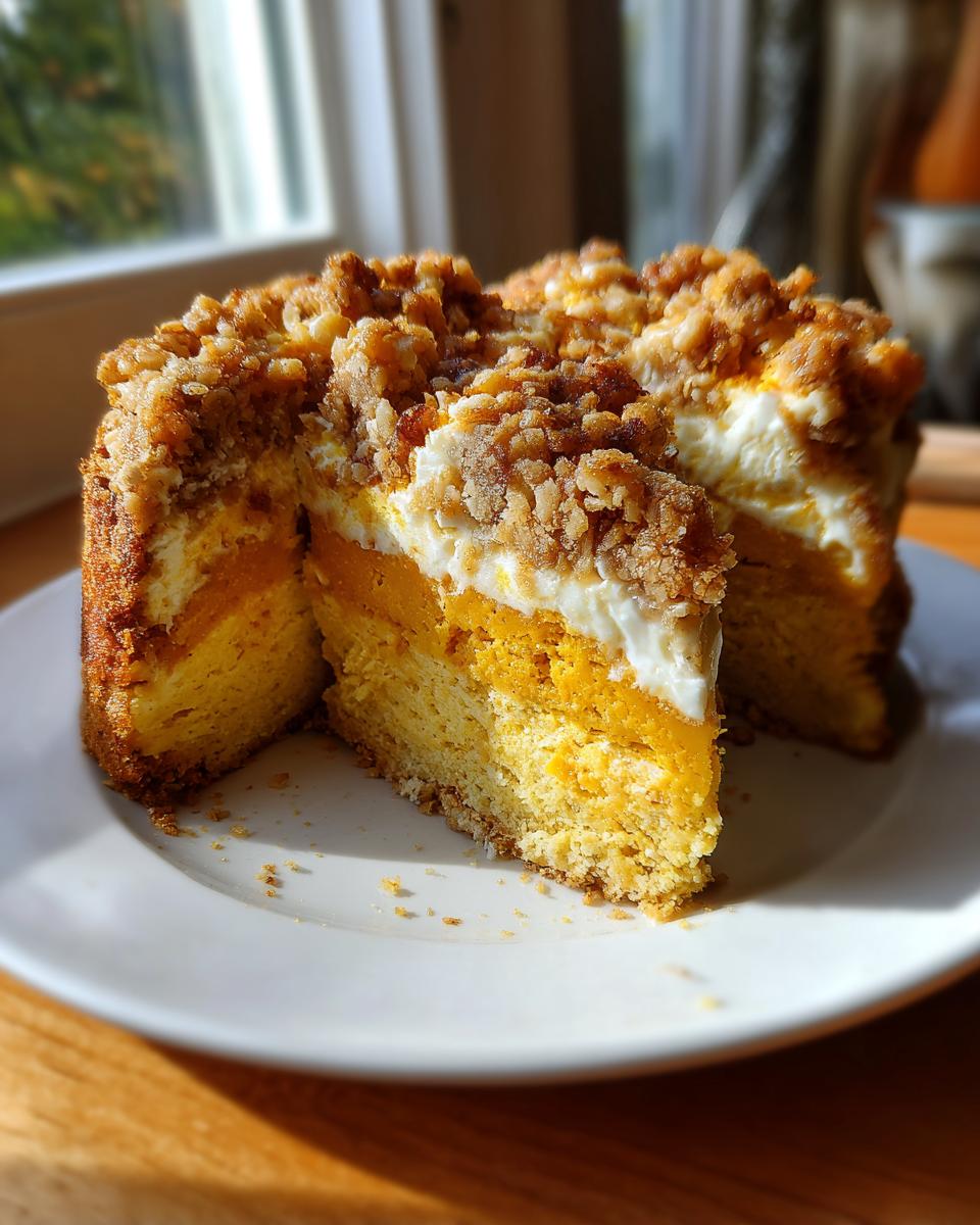 A slice of layered pumpkin crunch dessert featuring a moist cake base, cream cheese layer, and crunchy streusel topping.