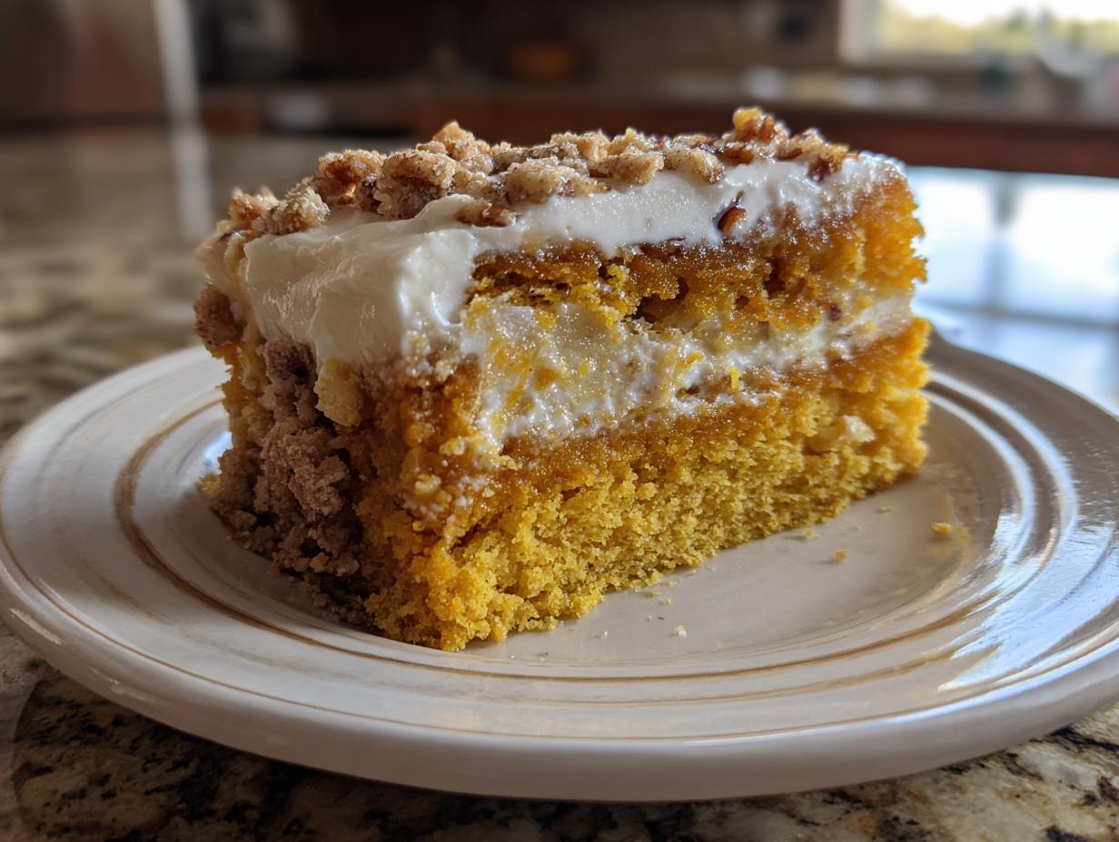A close-up of a moist slice of pumpkin crunch cake layered with cream cheese filling and topped with streusel.