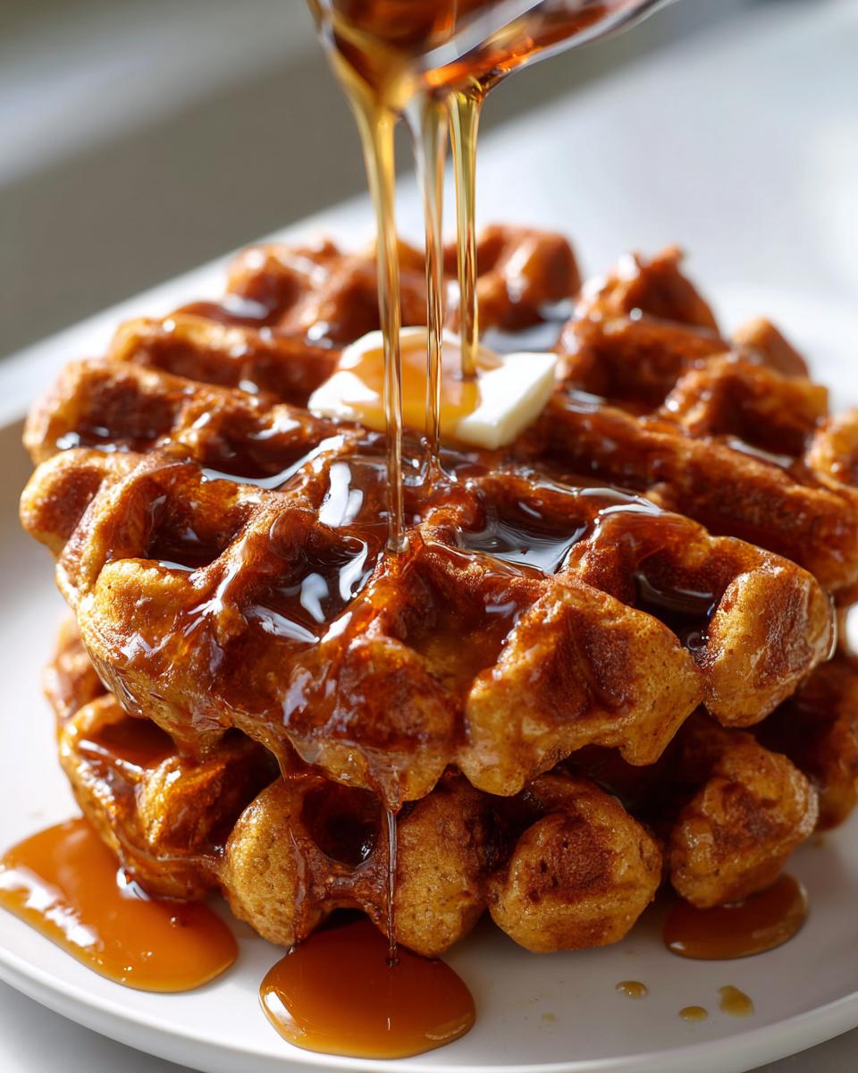 Close-up of a stack of golden brown pumpkin waffles being drenched in maple syrup with a pat of melting butter on top.