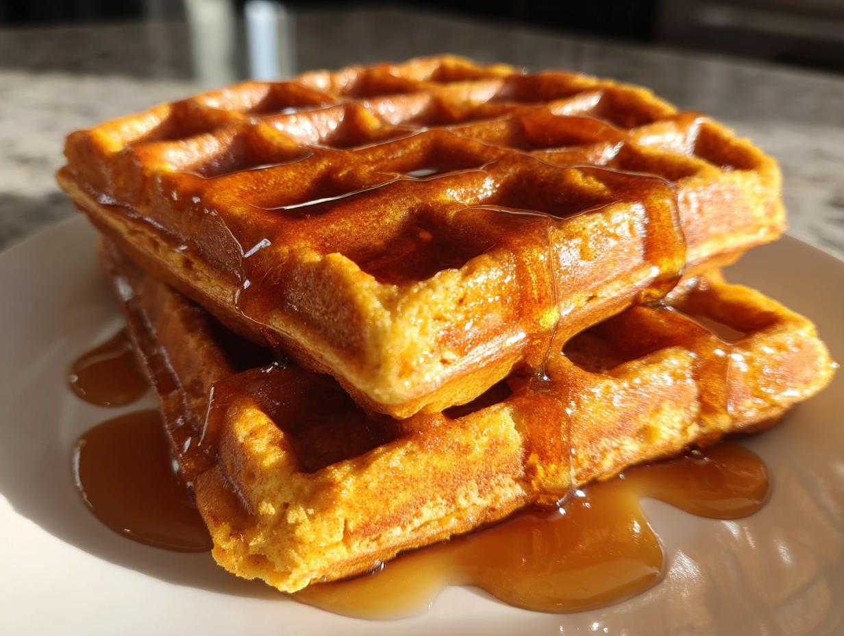Close-up of two golden brown pumpkin waffles stacked and drizzled generously with maple syrup.