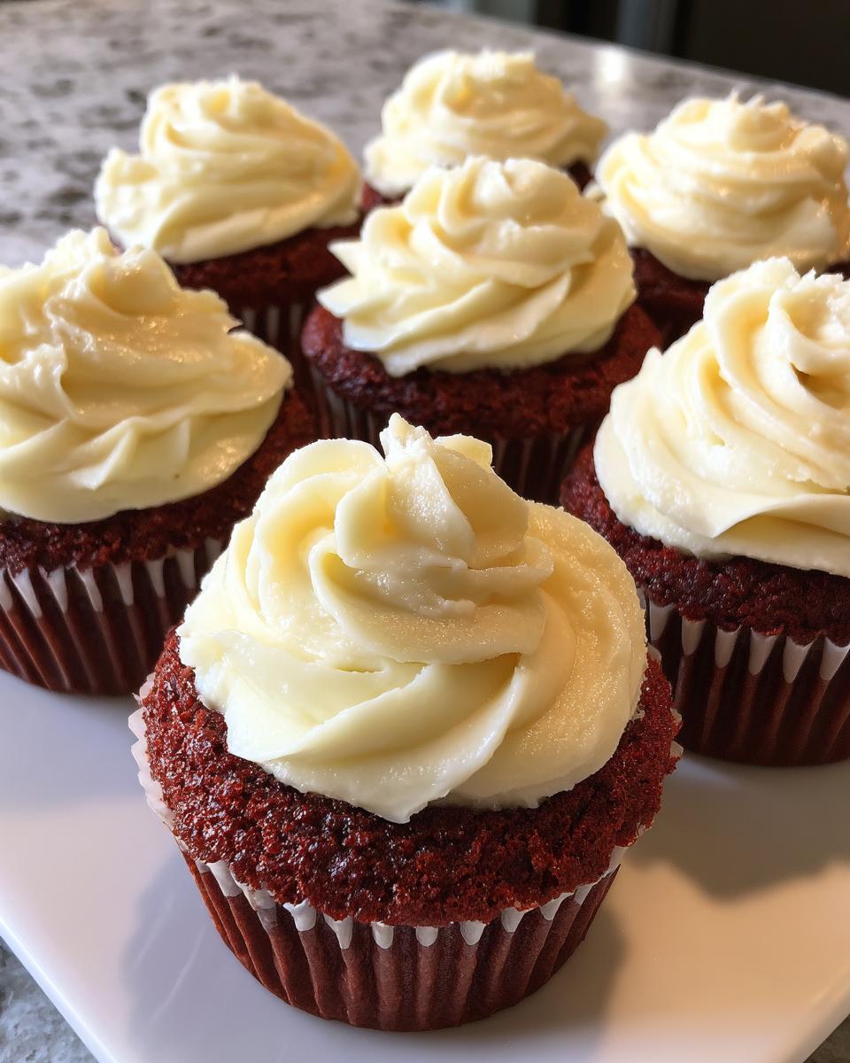A close-up of several moist red velvet cupcakes topped with thick swirls of cream cheese frosting.