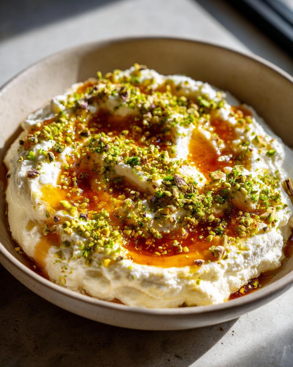 Close-up of a creamy ricotta dip topped with drizzled honey and chopped green pistachios.