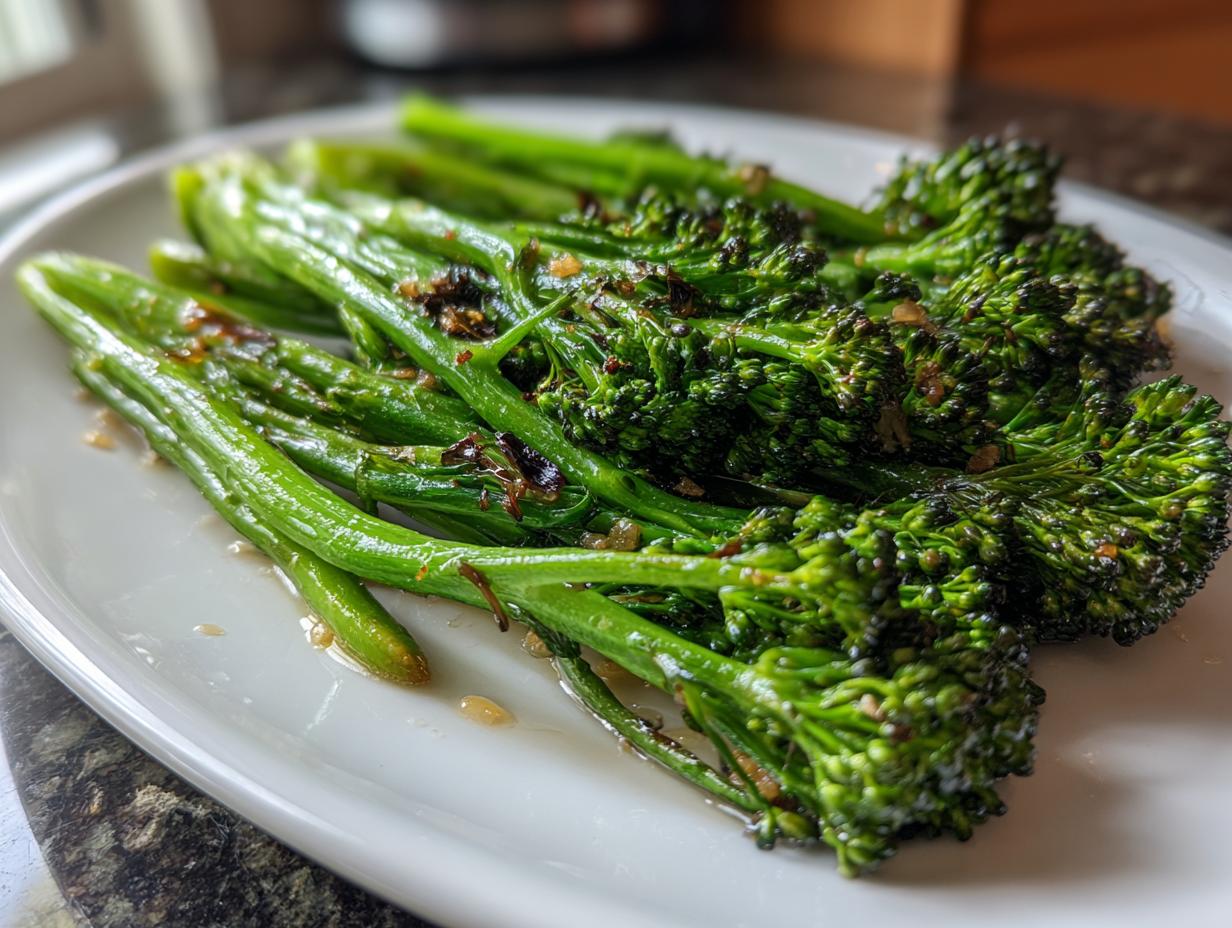 Close-up of bright green, roasted broccolini stalks glistening with a savory glaze on a white platter.
