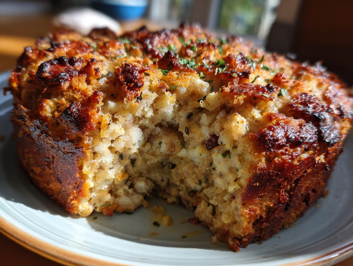 Close-up of a freshly baked, golden-brown sausage stuffing loaf with a piece removed, showing the moist interior.