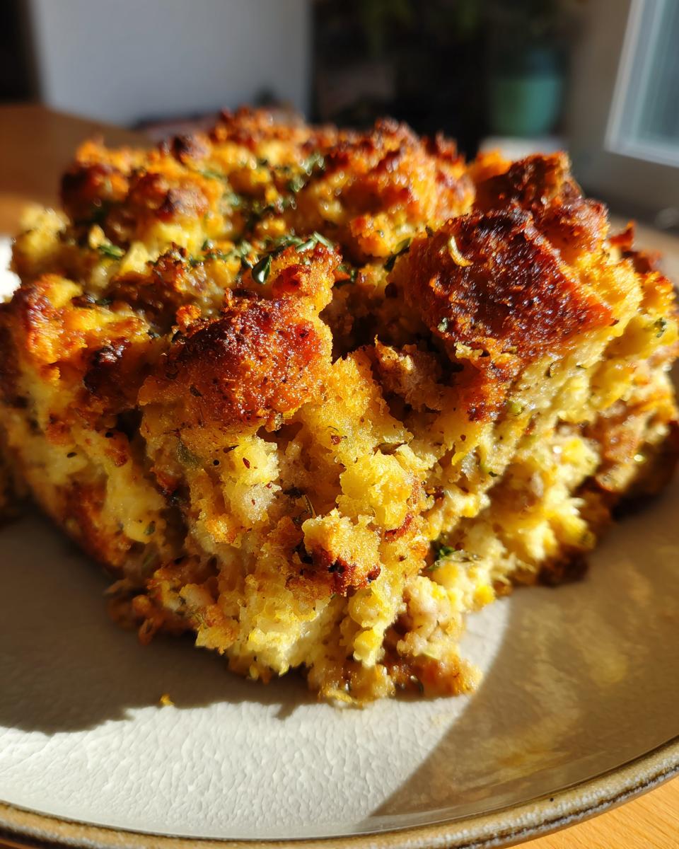 Close-up of a golden brown, crispy portion of amazing sausage stuffing served on a light-colored plate.