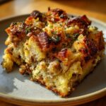 A close-up of a perfectly baked slice of sausage stuffing with crispy edges and fresh herbs.