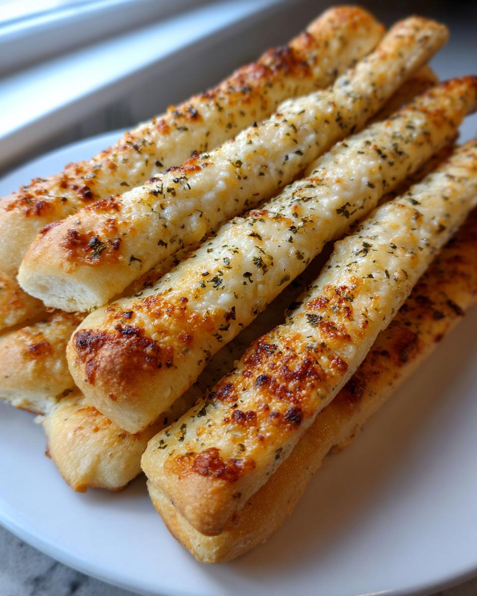 A close-up stack of soft, golden-brown breadsticks topped with melted cheese and dried herbs.