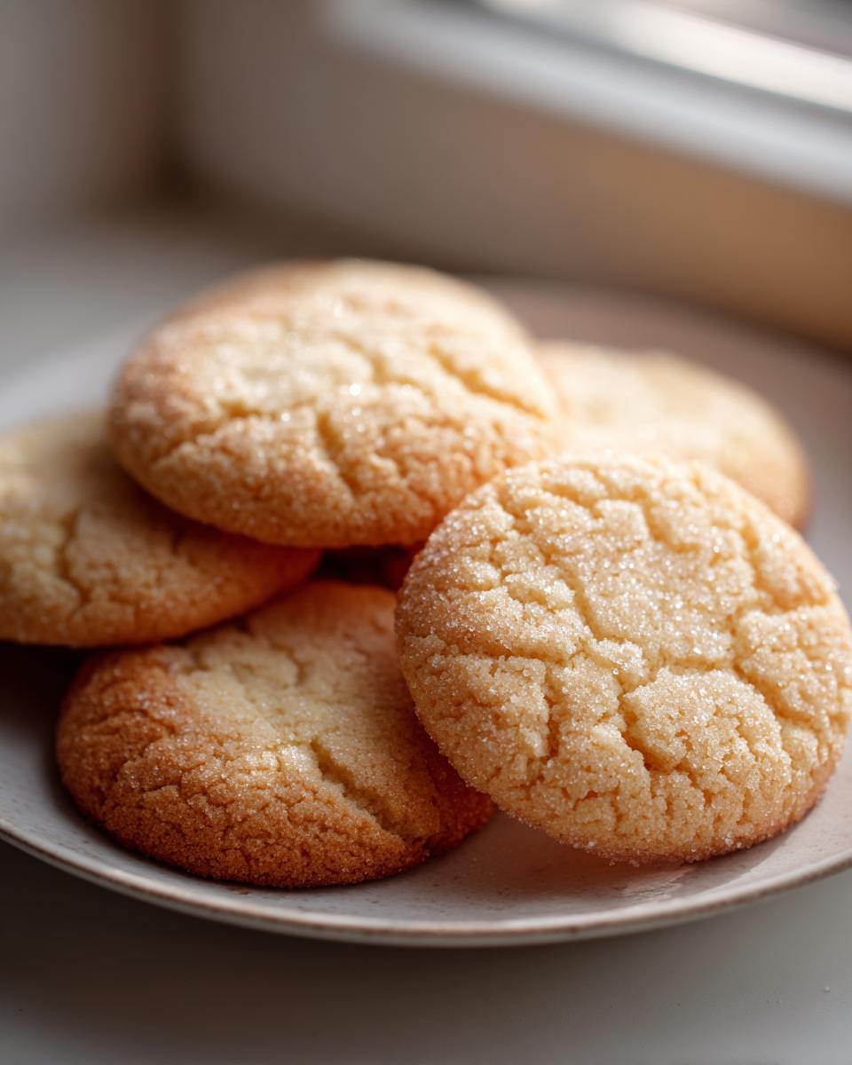 A stack of freshly baked amazing soft sugar cookies coated in sparkling granulated sugar on a light plate.