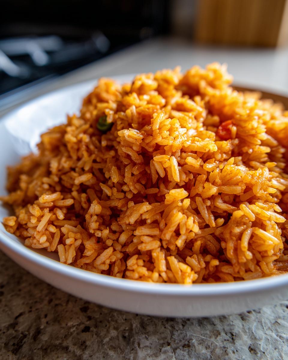 Close-up of a white bowl filled with vibrant, orange-red Spanish rice.