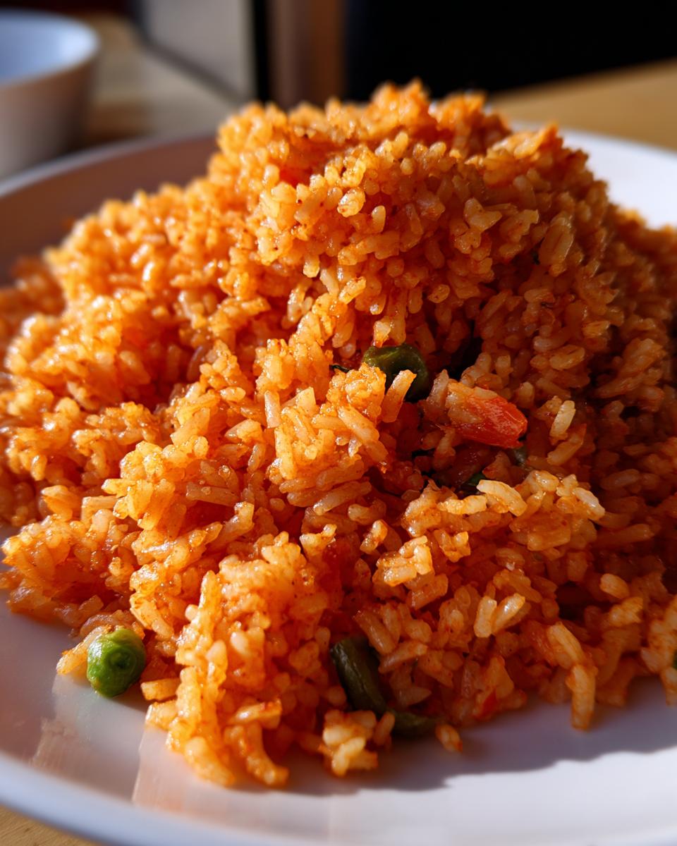 Close-up of a mound of vibrant orange Spanish rice mixed with peas and small vegetable pieces.