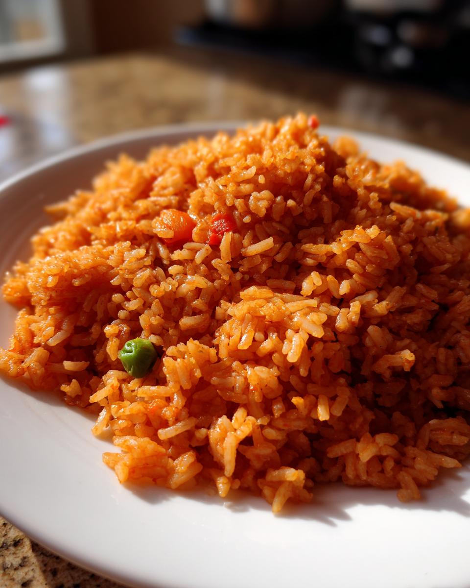 A mound of vibrant orange Spanish rice, seasoned with visible bits of tomato and one green pea, served on a white plate.