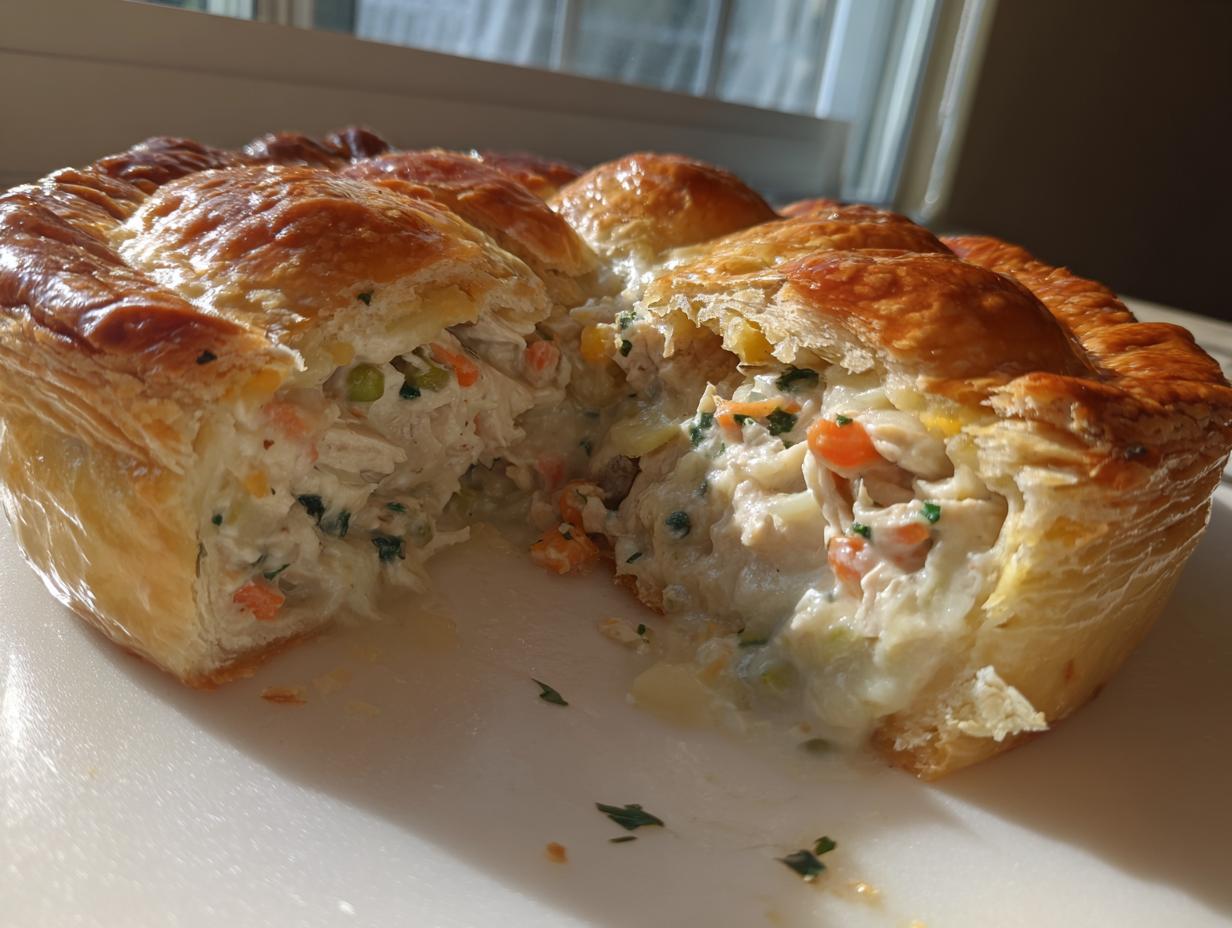 Close-up of a freshly baked turkey pot pie recipe cut open, showing creamy filling and golden puff pastry.
