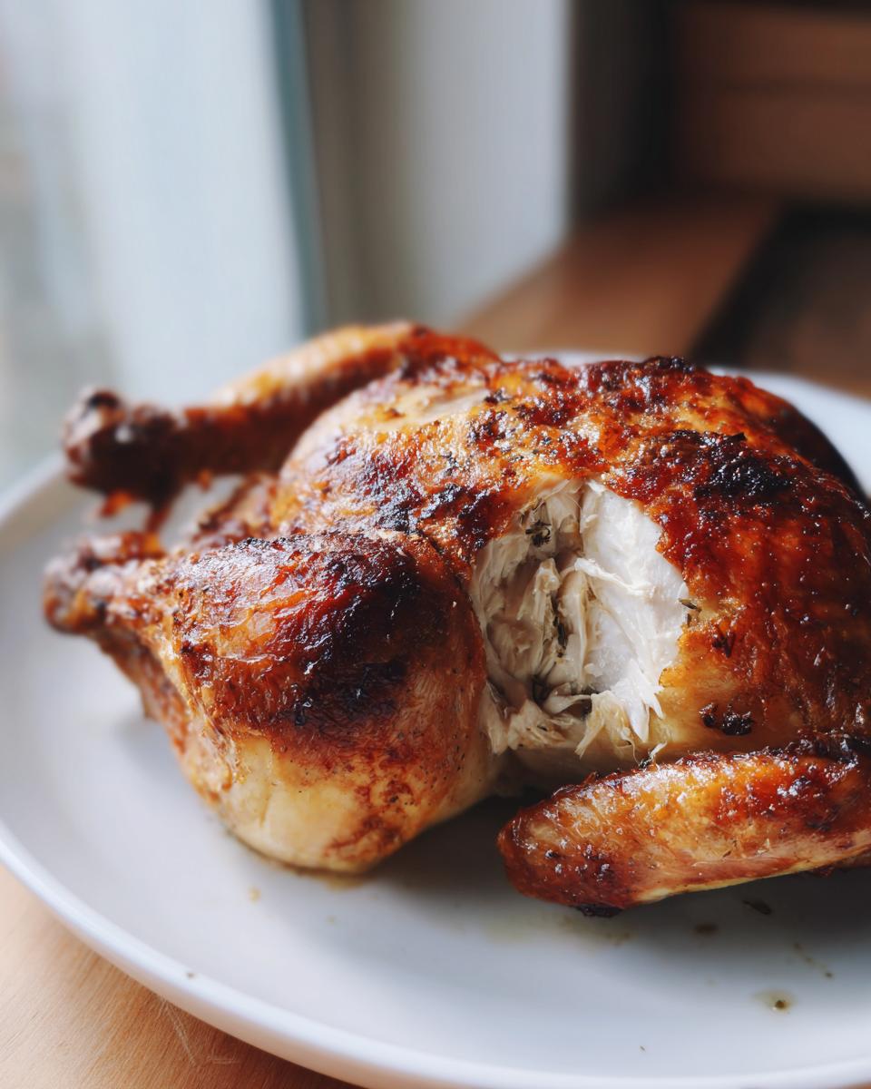 A perfectly roasted whole chicken with crispy, golden-brown skin, showing moist white meat inside.