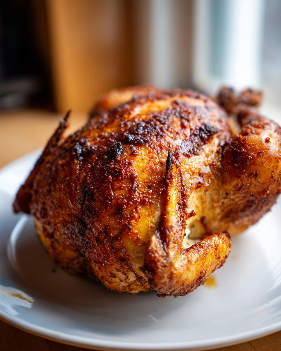 A beautifully roasted whole chicken with dark, crispy, seasoned skin resting on a white plate.