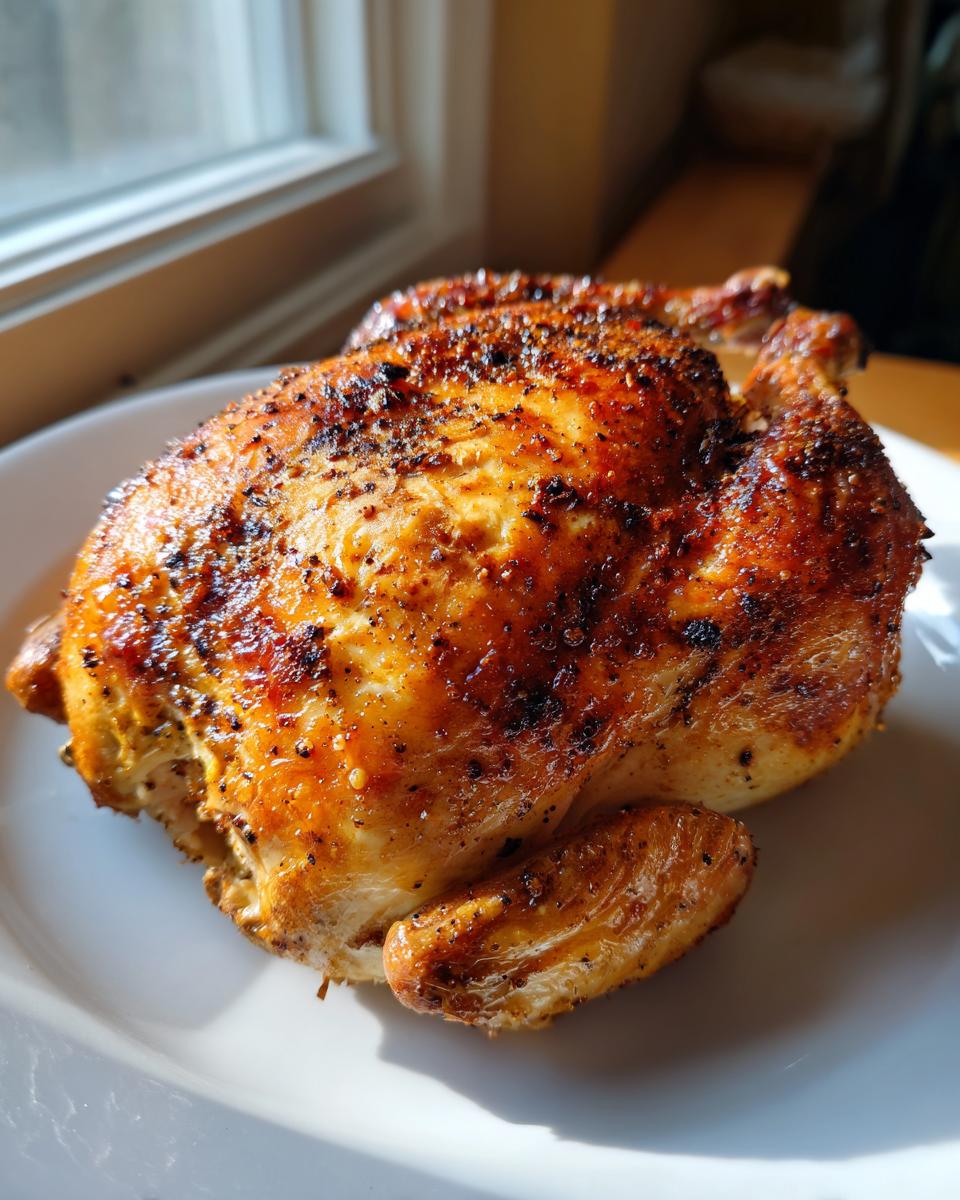 A perfectly roasted whole chicken with golden-brown, seasoned, crispy skin resting on a white plate.