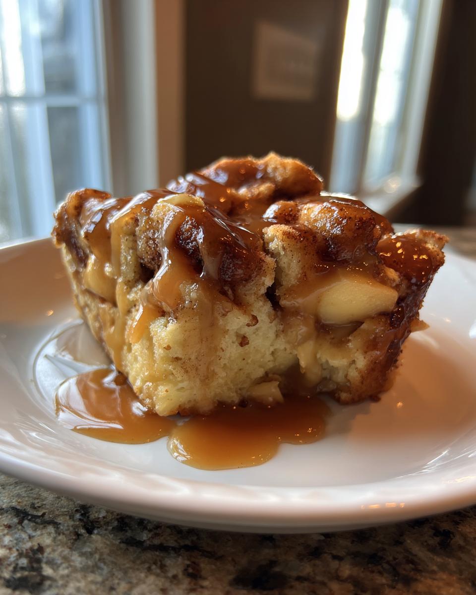 A close-up of a single serving of apple bread pudding drizzled generously with caramel sauce.
