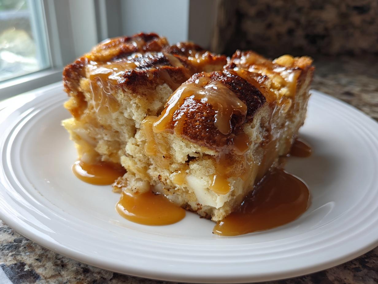 Two squares of moist apple bread pudding generously drizzled with thick caramel sauce, served on a white plate.