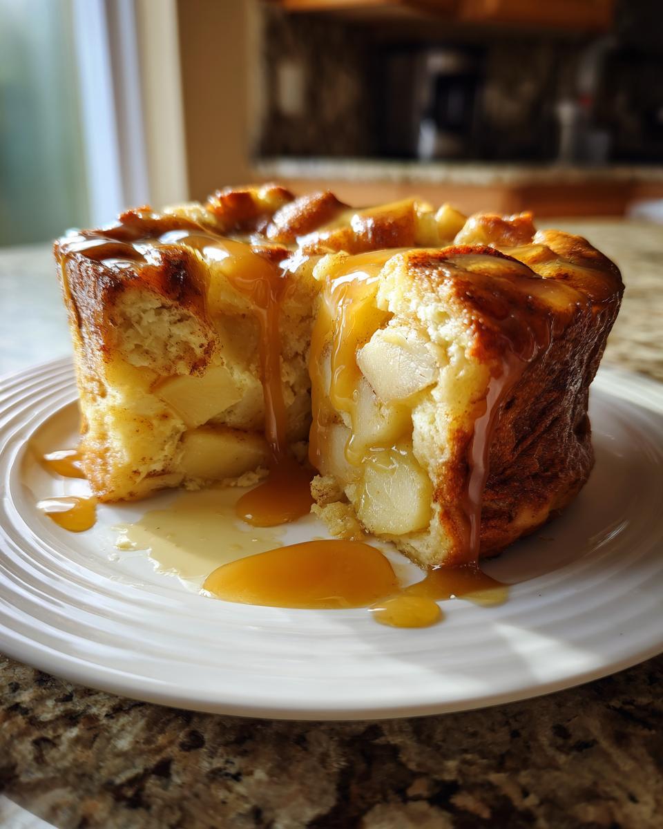 A thick slice of moist apple bread pudding loaded with chunks of apple, drizzled generously with caramel sauce.