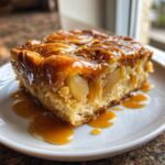 A close-up of a square slice of moist apple bread pudding topped generously with gooey caramel sauce.