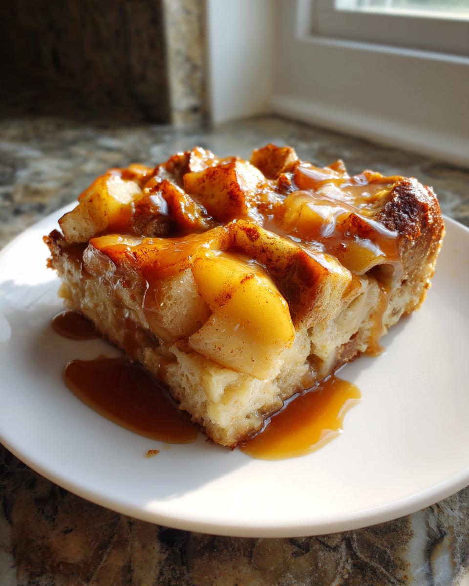 A square serving of moist apple bread pudding topped with cinnamon apples and drizzled generously with caramel sauce.