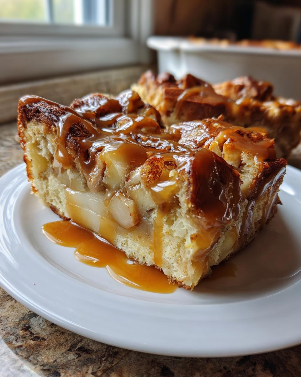 A close-up of a rich slice of apple bread pudding topped generously with caramel sauce, served on a white plate.