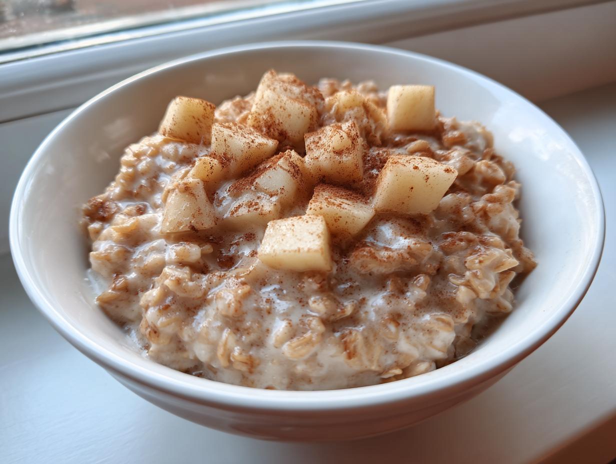 Close-up of creamy apple cinnamon oatmeal topped with chunks of cooked apple and a dusting of cinnamon.