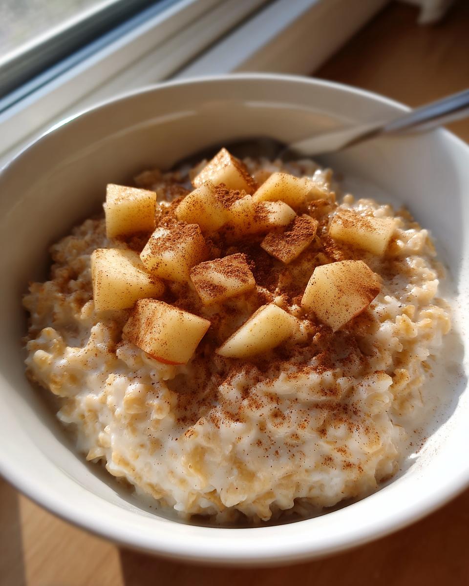 Close-up of a creamy bowl of apple cinnamon oatmeal topped with diced apples and a sprinkle of cinnamon.