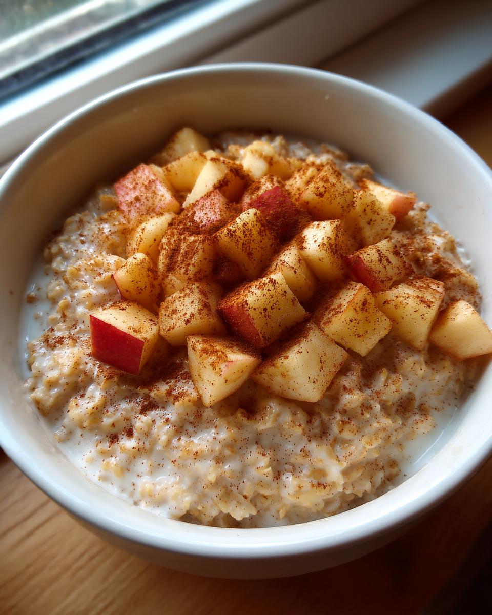 A close-up of creamy apple cinnamon oatmeal topped with diced red apples and a generous sprinkle of cinnamon.