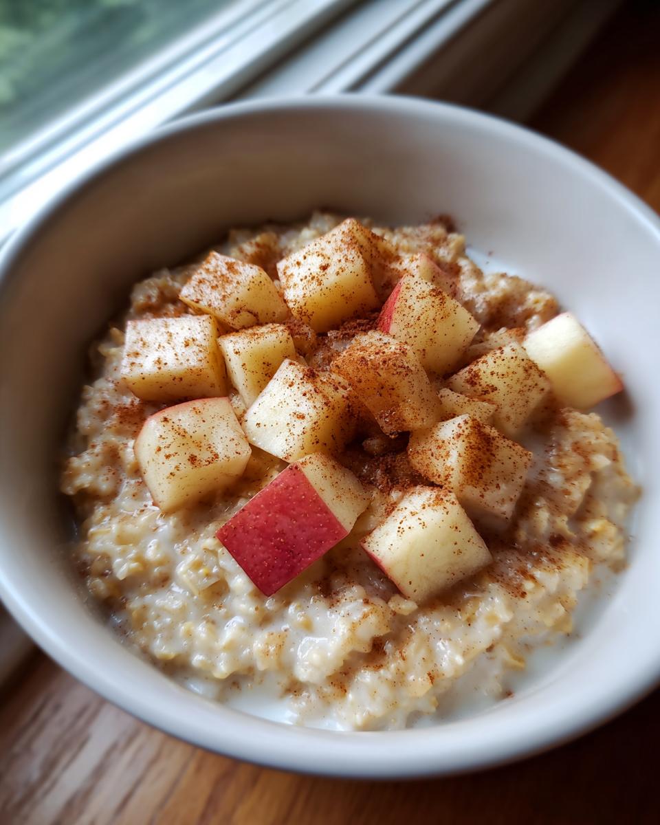 A close-up overhead shot of creamy apple cinnamon oatmeal topped with diced red apples and sprinkled with cinnamon.