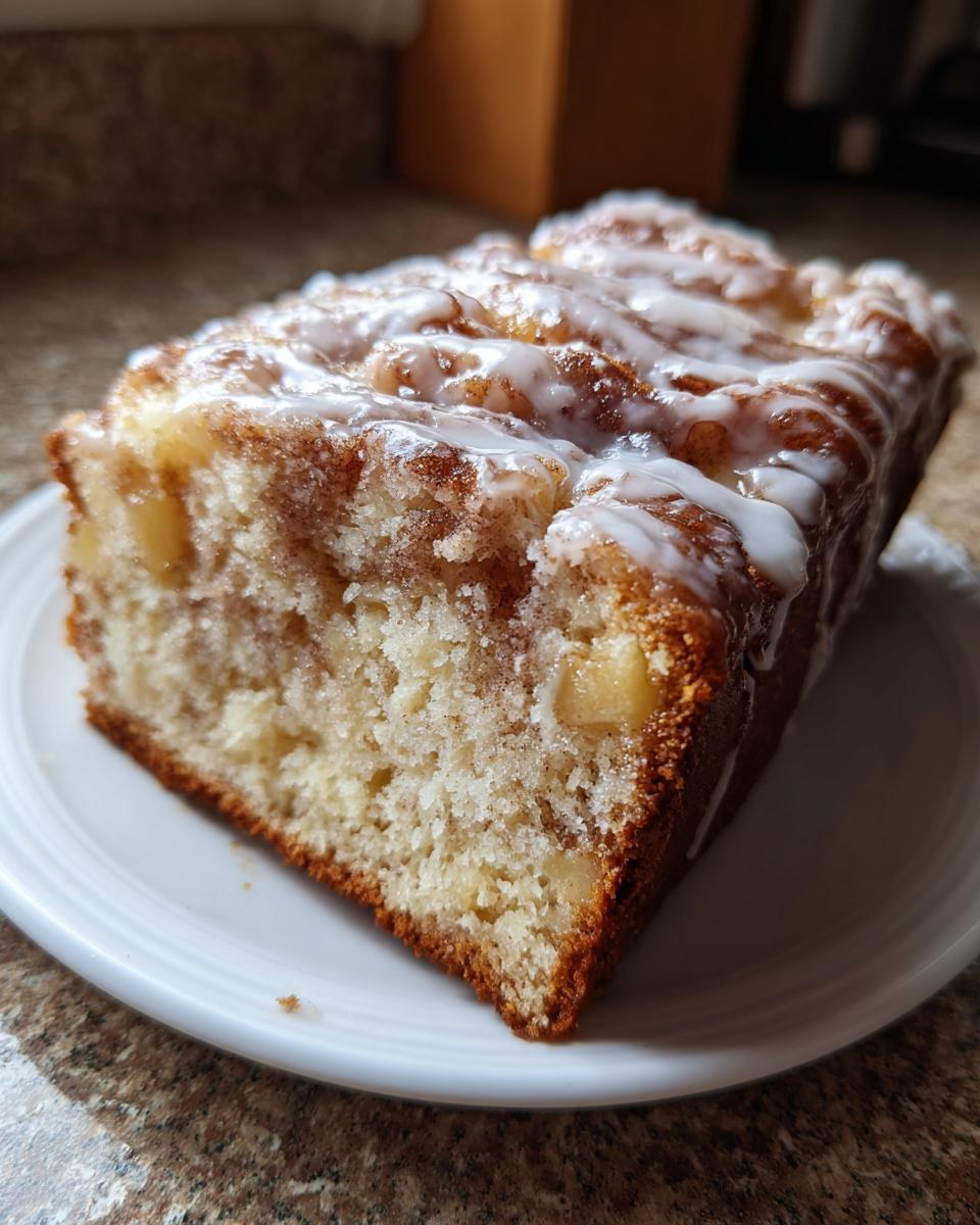 A close-up of a slice of moist apple fritter bread topped with a sweet white glaze.