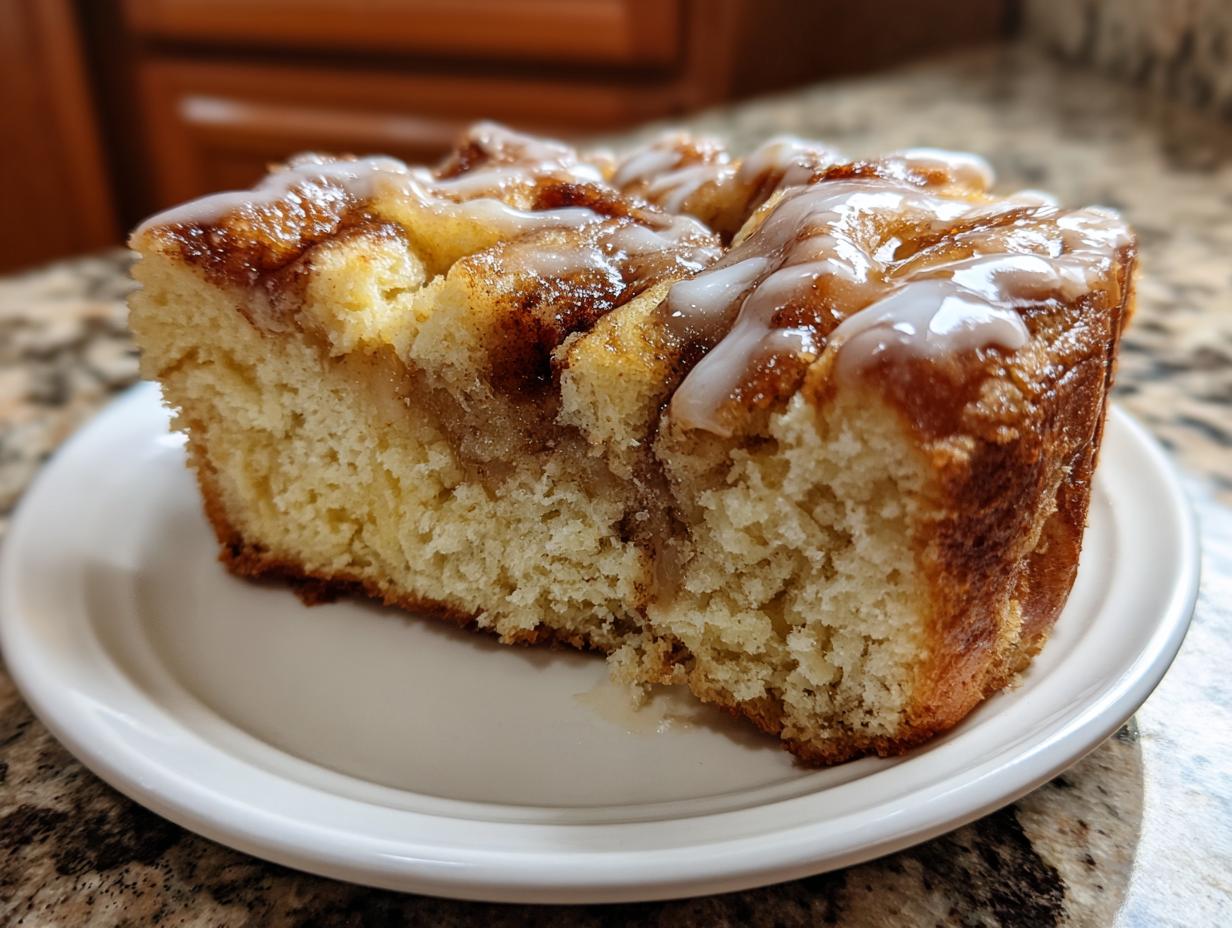 Close-up of a moist slice of apple fritter bread topped with cinnamon swirl and vanilla glaze.