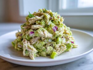 A mound of creamy avocado chicken salad mixed with red onion chunks, served on a white plate.