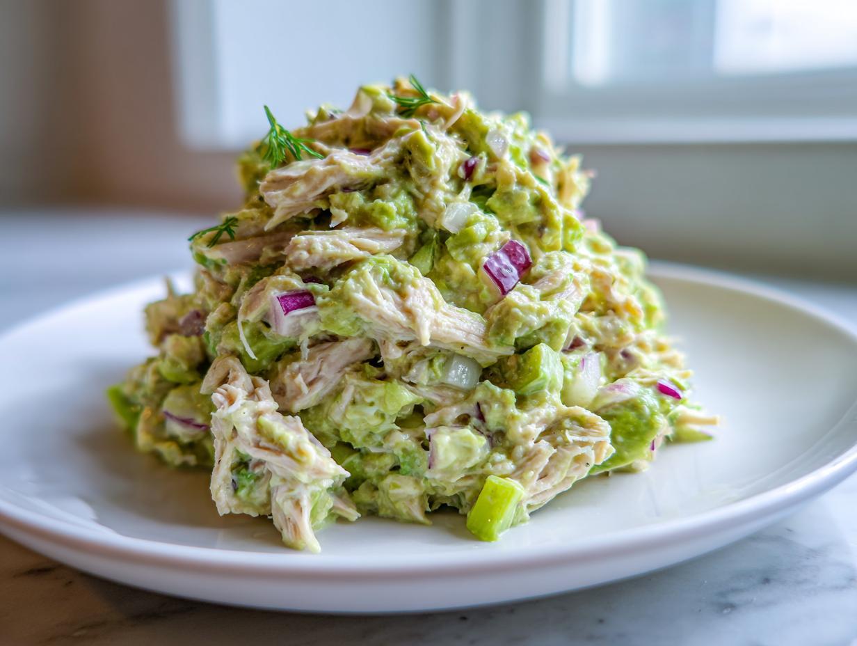A mound of creamy avocado chicken salad mixed with red onion chunks, served on a white plate.