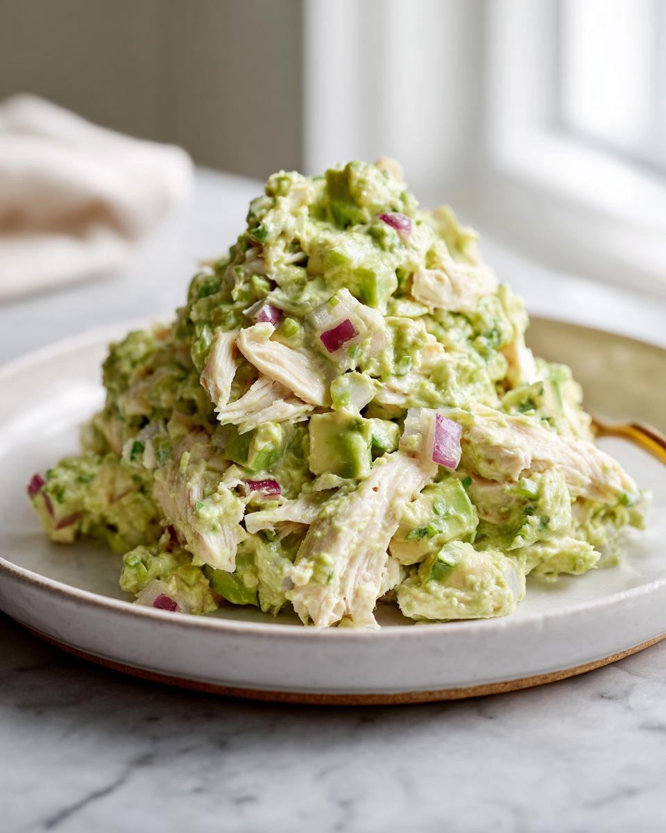 A large scoop of creamy avocado chicken salad mixed with chunks of avocado and red onion served on a light-colored plate.