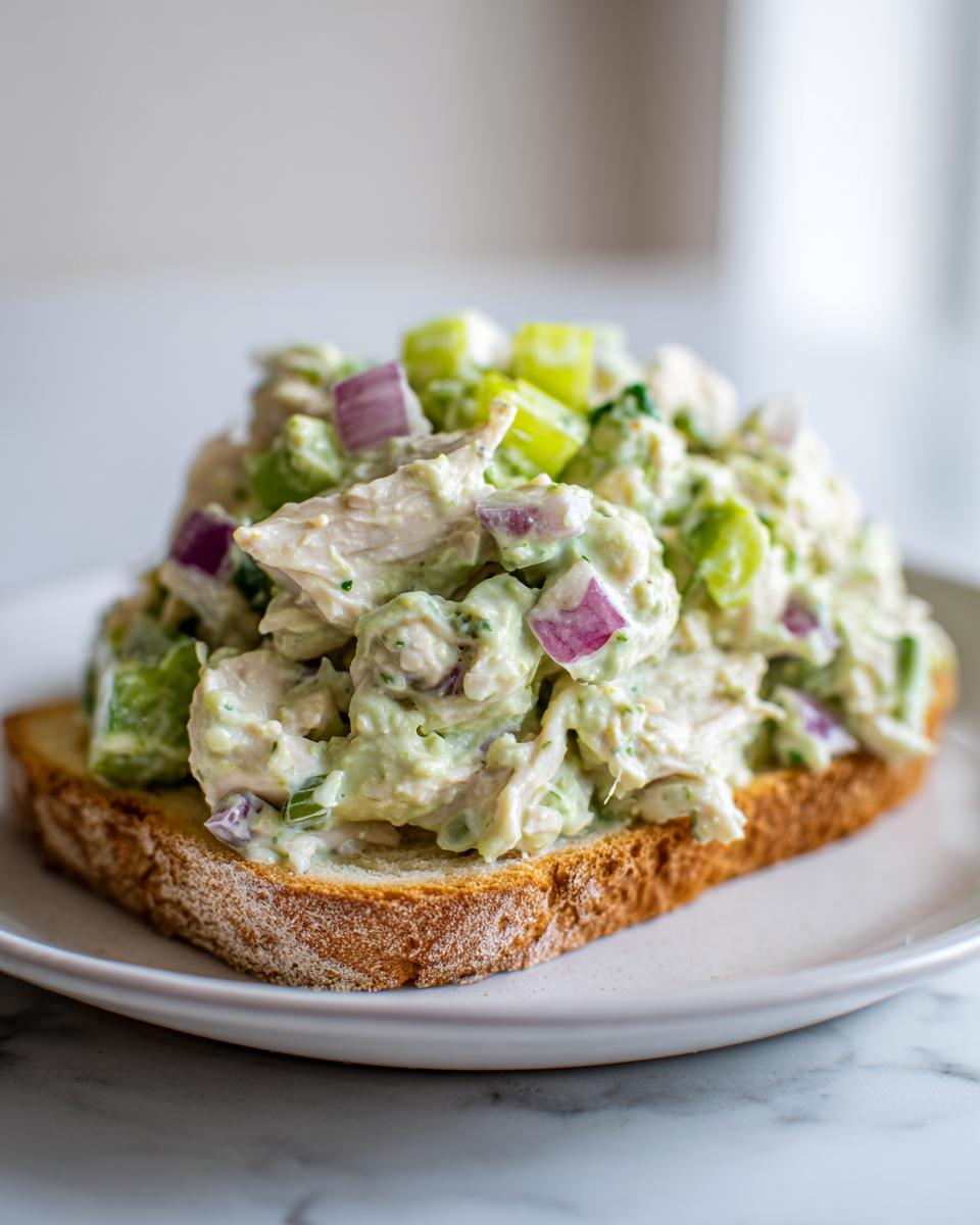 A generous scoop of creamy avocado chicken salad with red onion and celery served open-faced on toasted bread.