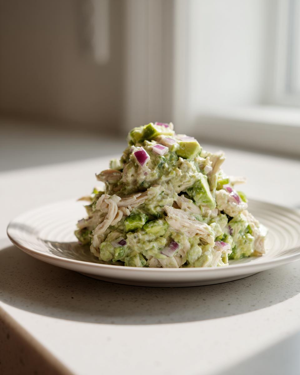 A mound of creamy avocado chicken salad mixed with chunks of avocado and diced red onion, served on a white plate.