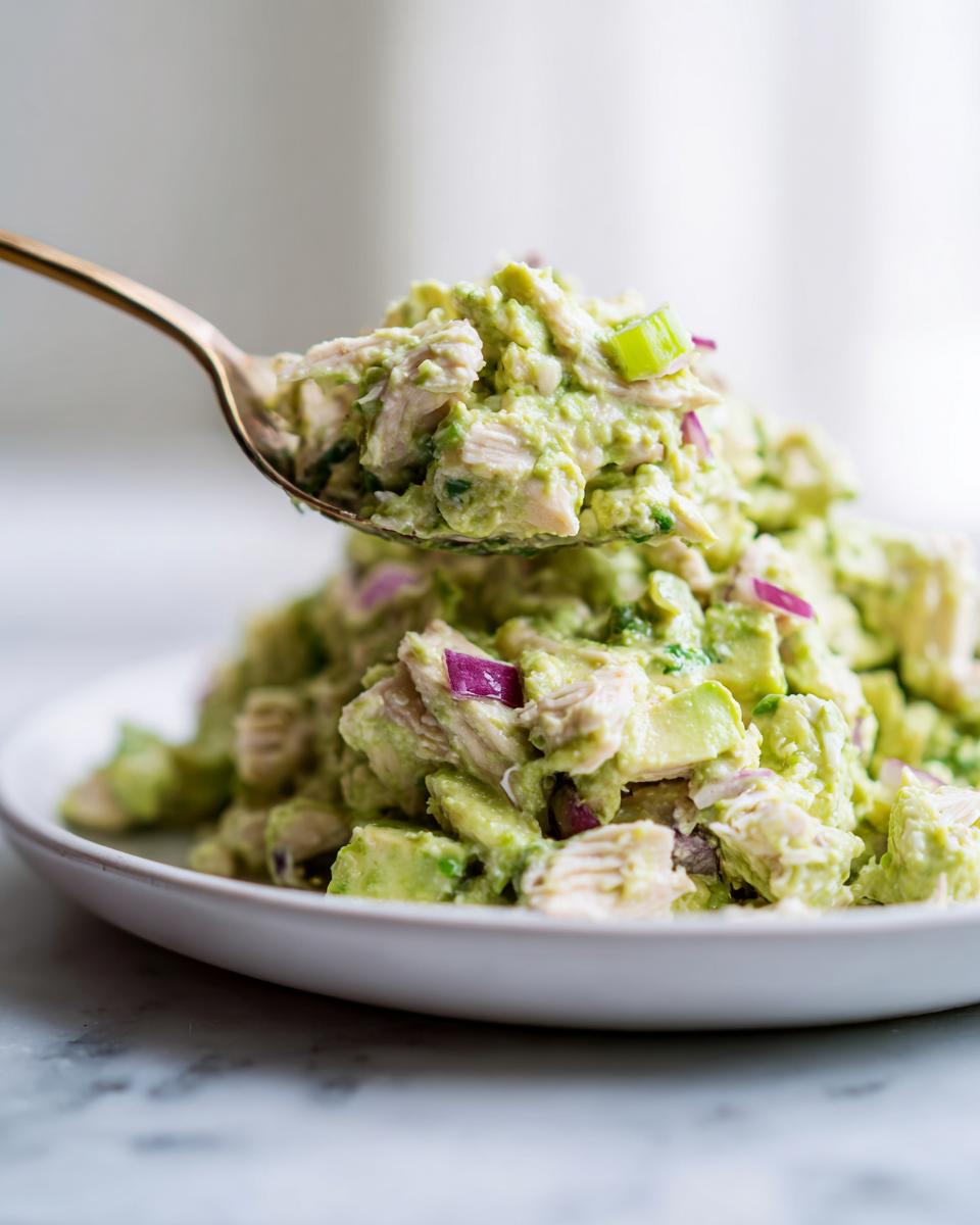 A spoonful of creamy avocado chicken salad, featuring chunks of chicken, avocado, and red onion, being lifted from a white plate.
