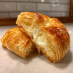 Close-up of baked brie in puff pastry cut in half showing melted, gooey cheese filling.
